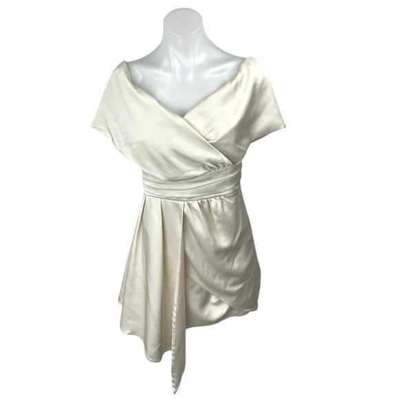 Lulus Always Celebrating Ivory Silk Satin Off The Shoulder Sheath Mini Dress S - Picture 1 of 6